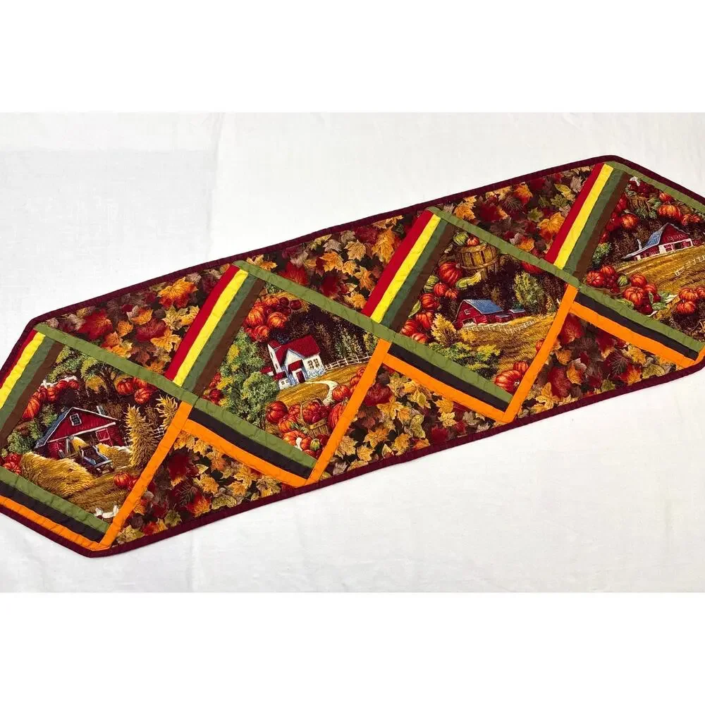 Vintage Patchwork Autumn Themed Handmade Quilted Table Runner Reversible